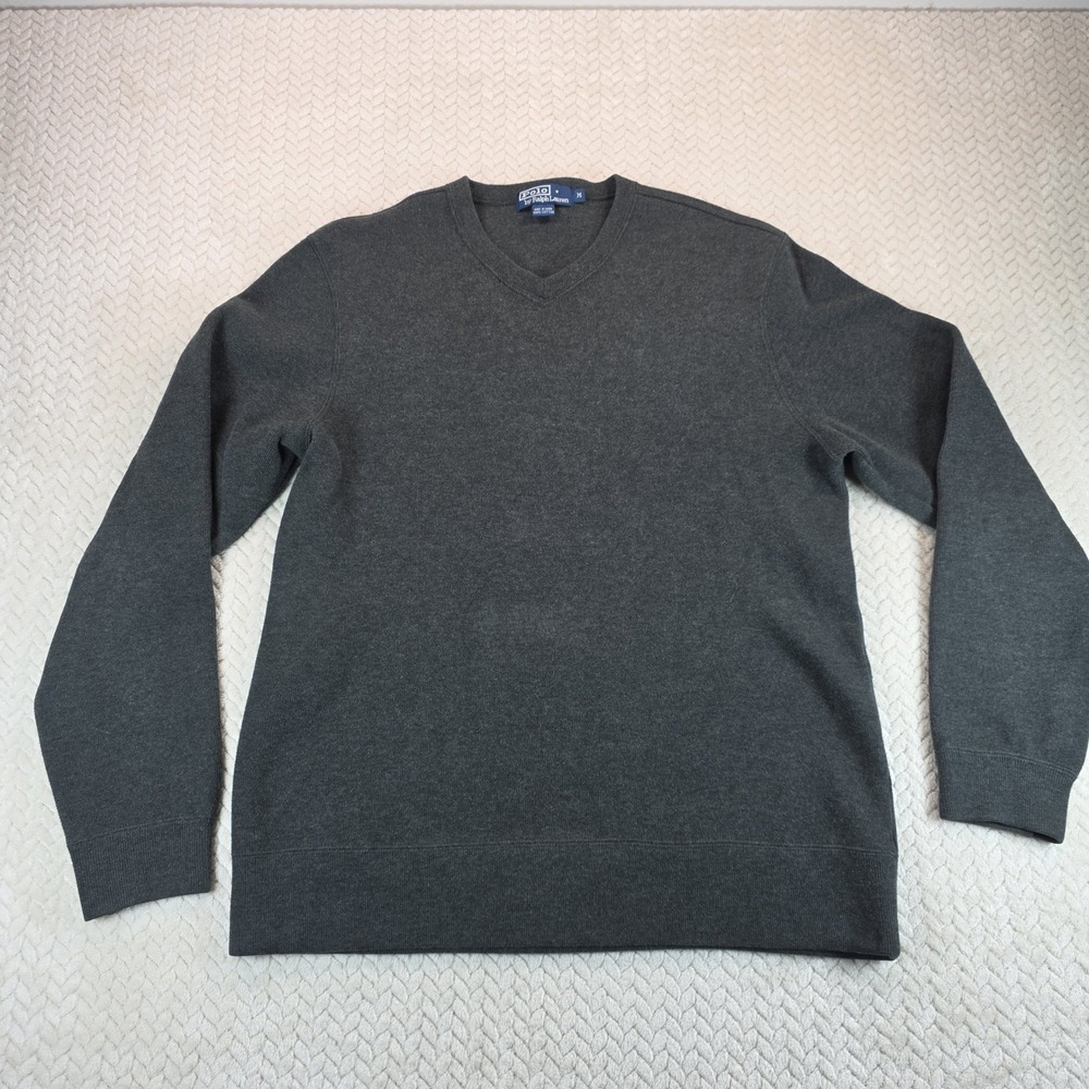 Polo Ralph Lauren Mens V-Neck Sweater Charcoal Gray Thick Cotton Medium